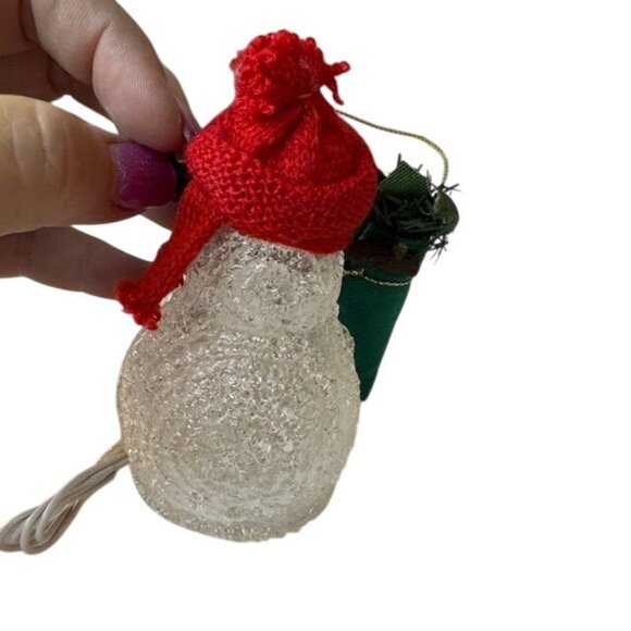 Handcrafted Glass Snowman Christmas Ornament With Red Knit Hat & Green Gift Bag - Picture 3 of 4